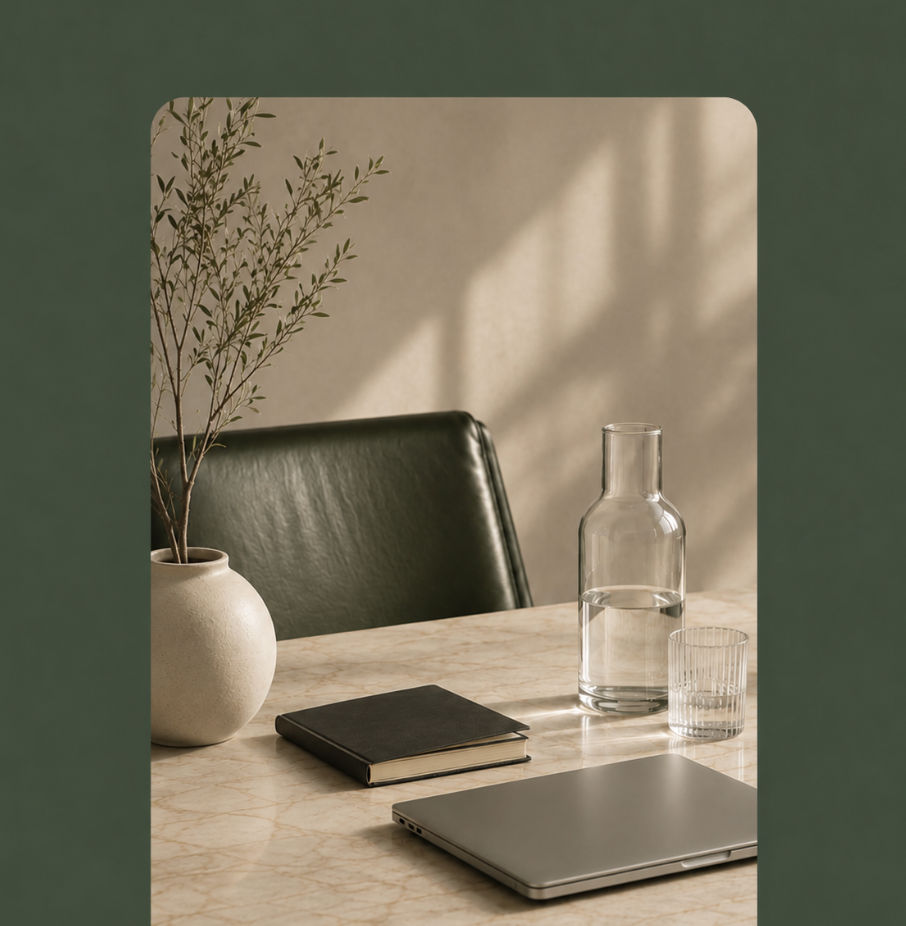 A calm workspace with a closed laptop, notebook and carafe on a marble table