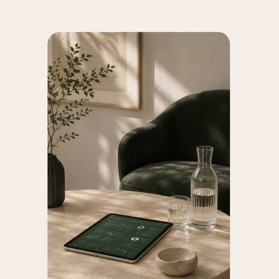 A tablet showing a dashboard on a stone table in a sunlit room