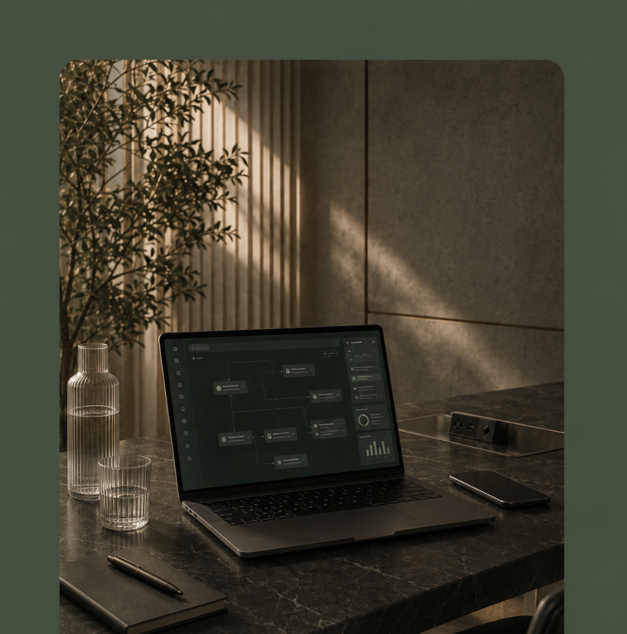 A laptop showing a workflow map on a marble desk in evening light