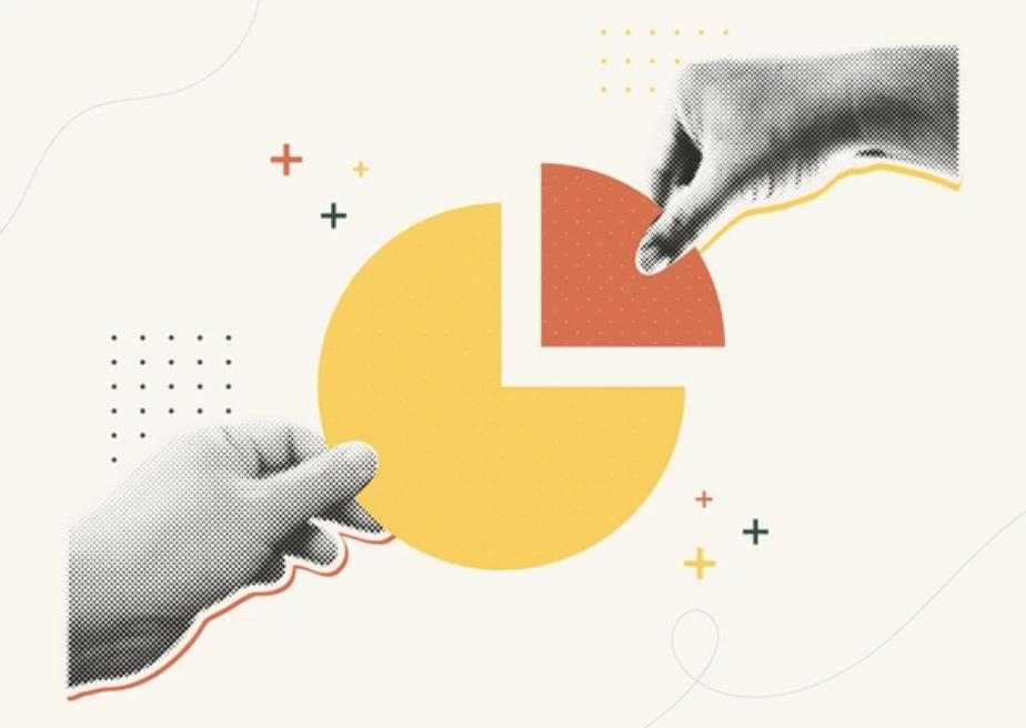 Collage illustration of two hands assembling a pie chart