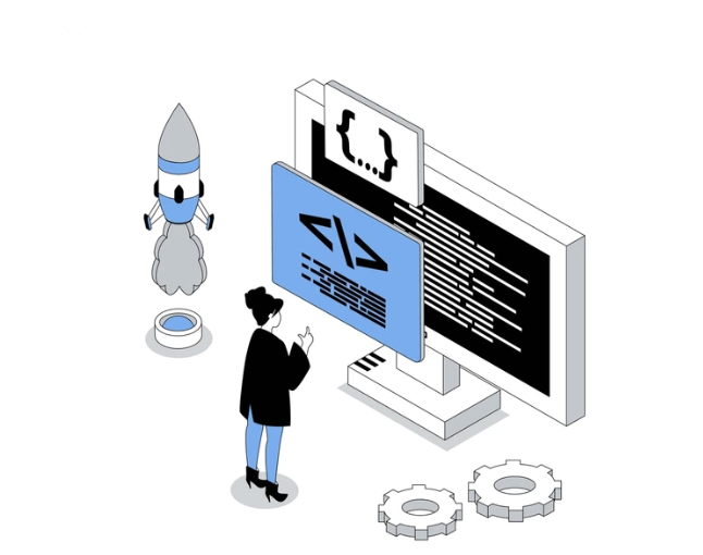 Isometric illustration of a developer shipping code