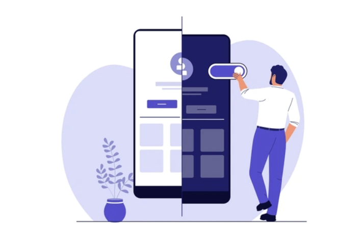 Illustration of a designer switching an interface between light and dark themes